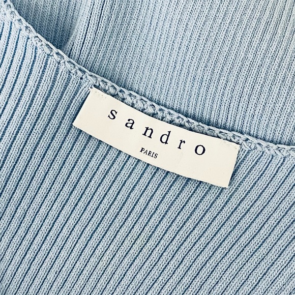 🩵SANDRO PARIS Baby Blue Bell Fluted Sleeves “Malana” Ribbed Sweater Top Blouse - Picture 3 of 9